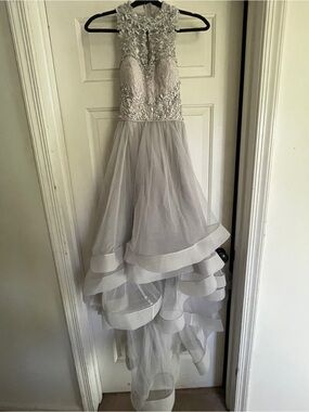 TLC Silver Lace Appliqué Asymmetrical High-Low Tulle Gown